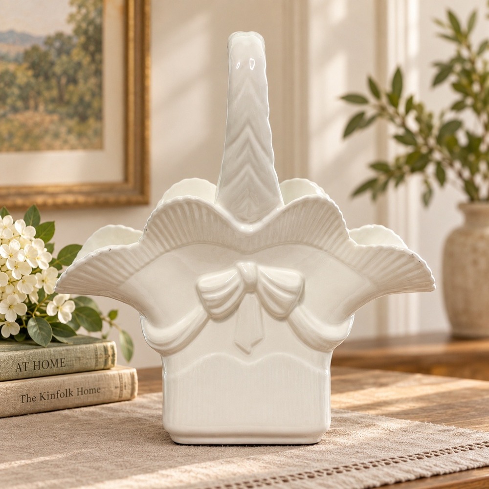 Vintage Hispania DAISA 1984 Spain Porcelain Basket Bow White Romantic Decor